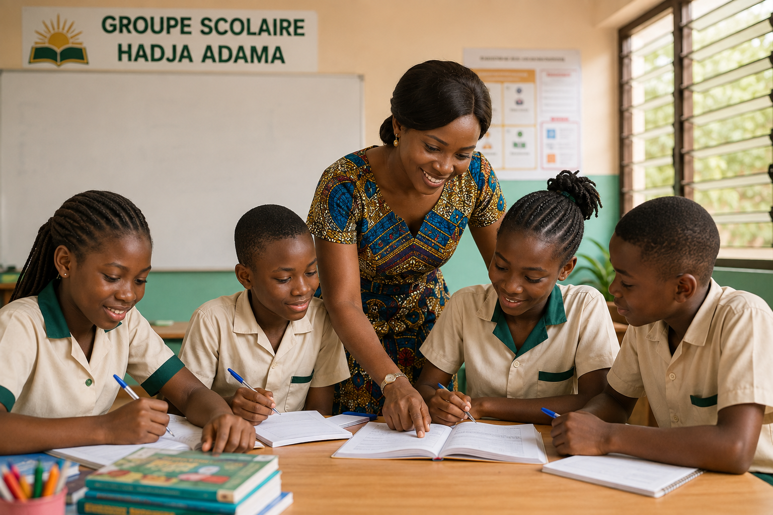 Une enseignante aide ses élèves en classe au Groupe Scolaire Hadja Adama